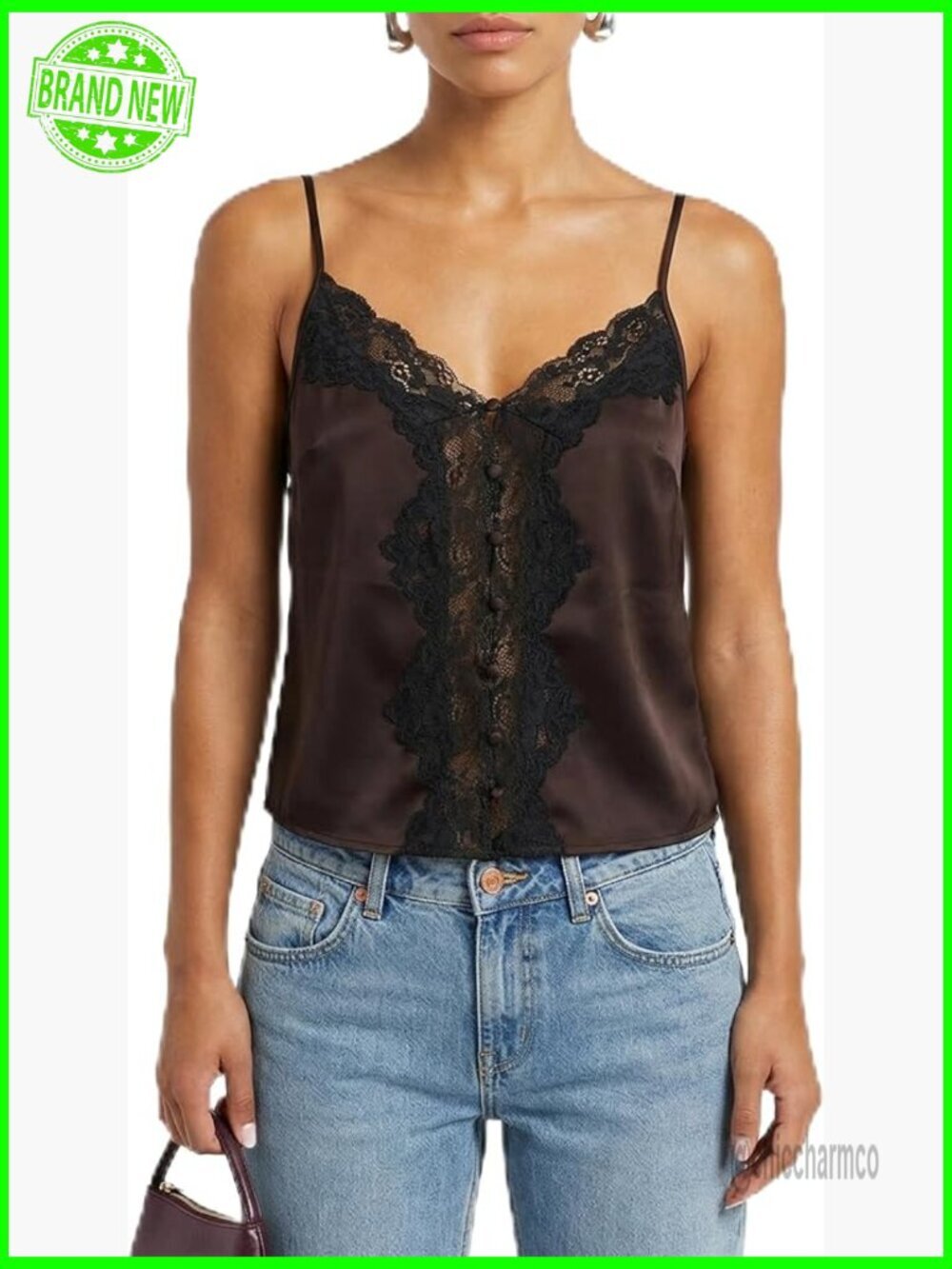 Satin Lace Trim V Neck Button Front Sleeveless Camisole Top